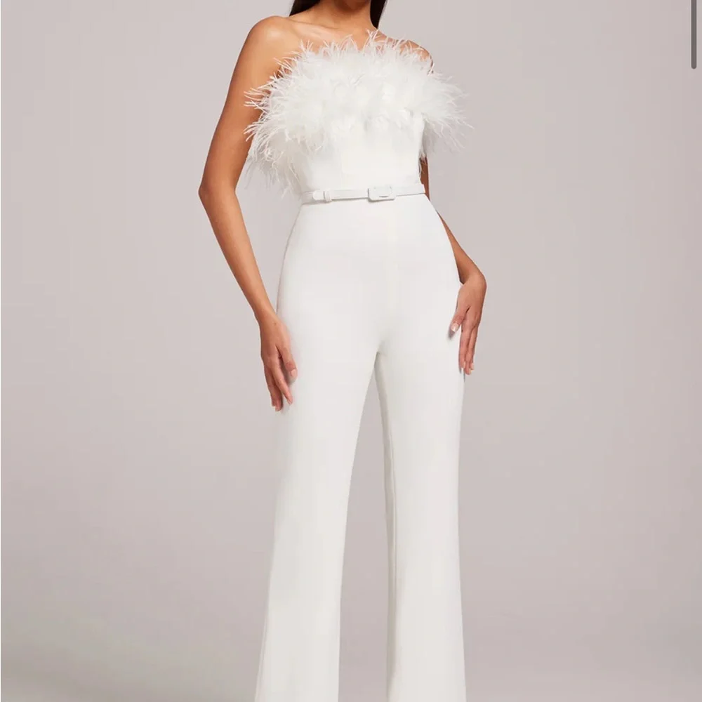Colette Ostrich Feather Trim Belted Strapless Jumpsuit - Picture 1 of 5